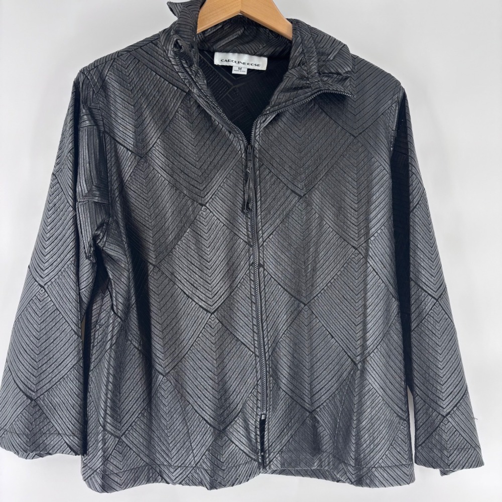 Caroline Rose Jacket Women M Black Geometric Textured Full Zip Funnel Neck USA